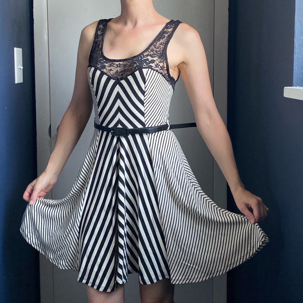 Timeless Stylish Striped and Belted Dress with Lace Straps